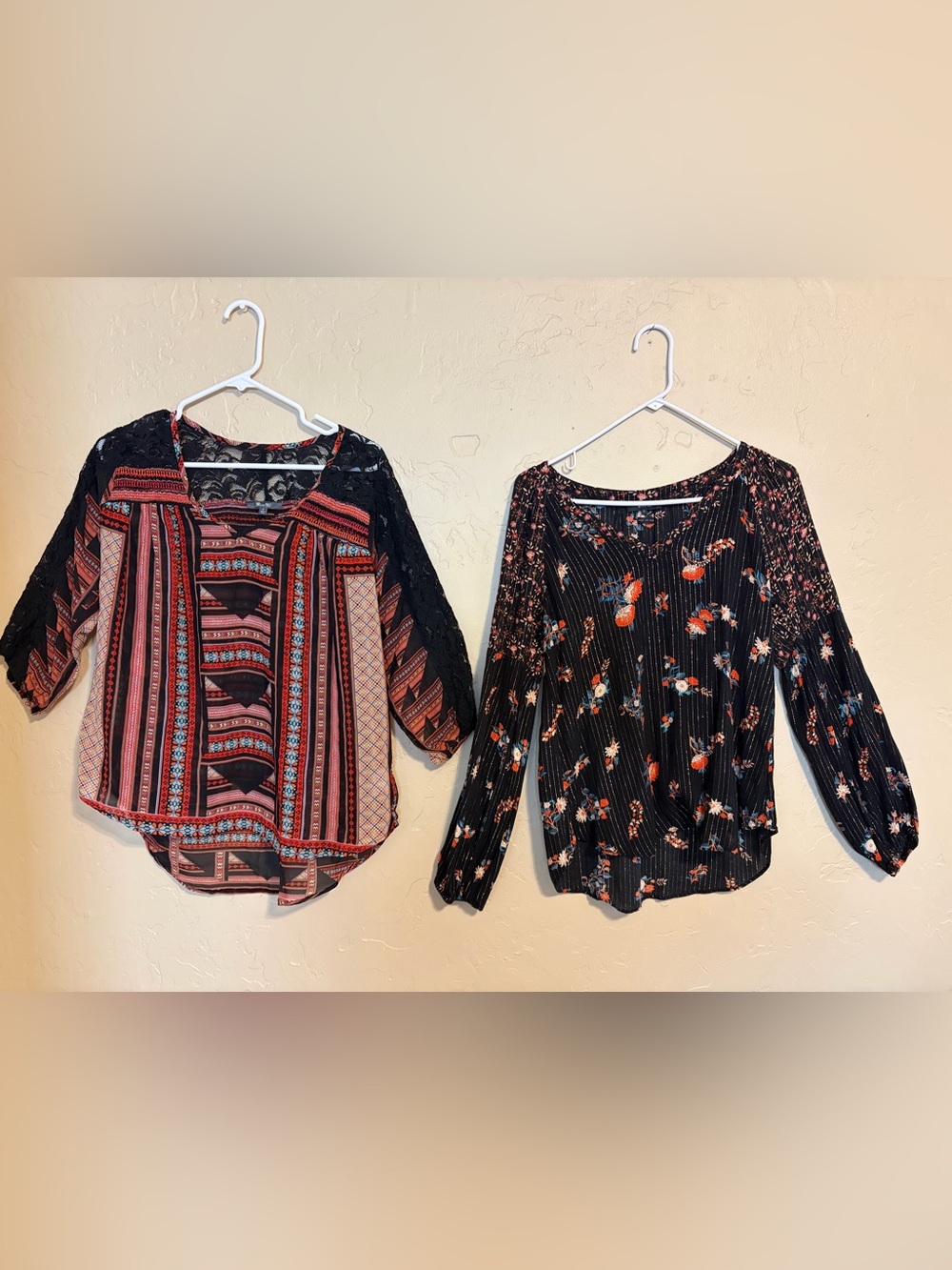 MISS ME two women’s geometric and floral print peasant style blouses small